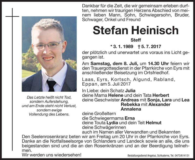  Traueranzeige für Stefan Heinisch vom 07.07.2017 aus Dolomiten
