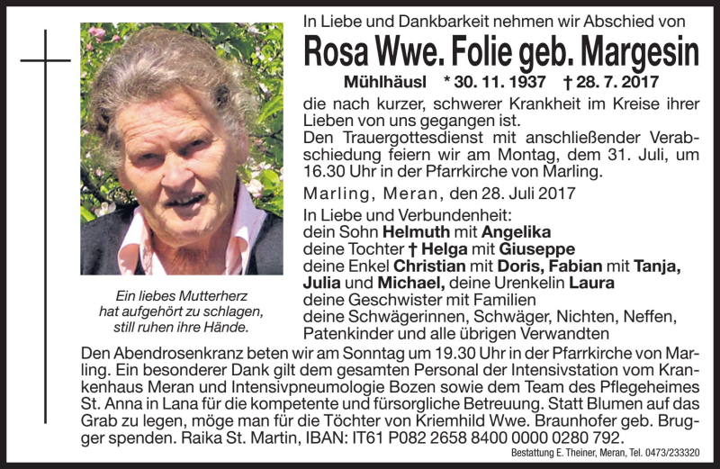  Traueranzeige für Rosa Folie vom 29.07.2017 aus Dolomiten