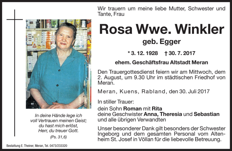  Traueranzeige für Rosa Winkler vom 31.07.2017 aus Dolomiten