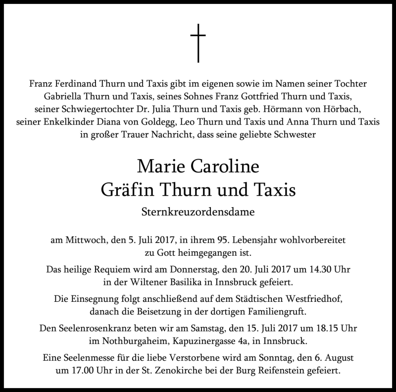  Traueranzeige für Marie Caroline von Thurn und Taxis vom 14.07.2017 aus Dolomiten