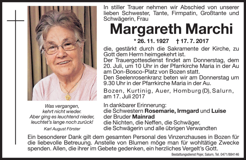  Traueranzeige für Margareth Marchi vom 19.07.2017 aus Dolomiten