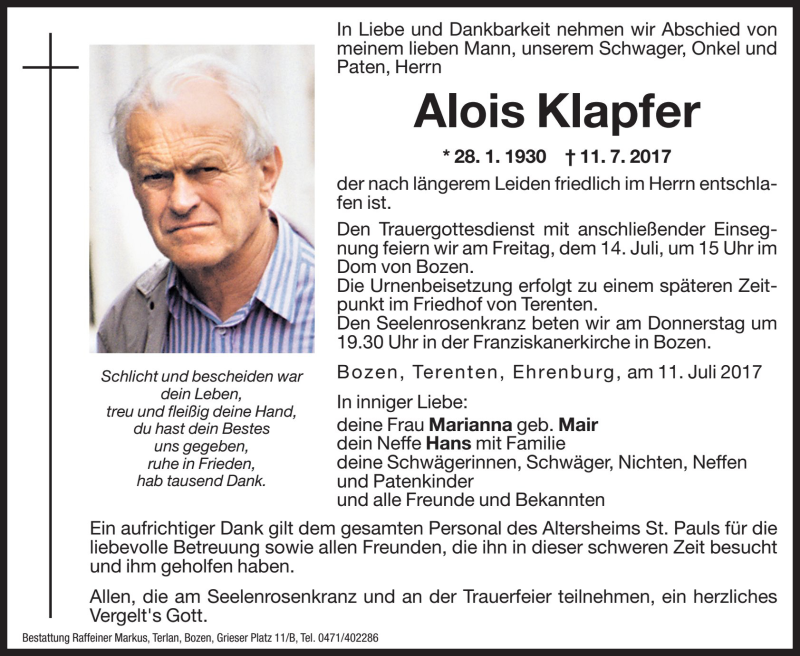  Traueranzeige für Alois Klapfer vom 12.07.2017 aus Dolomiten