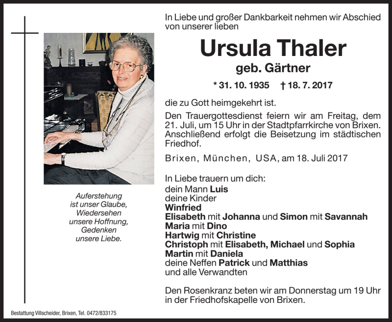  Traueranzeige für Ursula Thaler vom 19.07.2017 aus Dolomiten