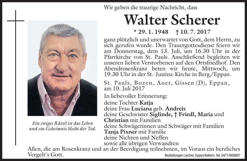  Traueranzeige für Walter Scherer vom 12.07.2017 aus Dolomiten