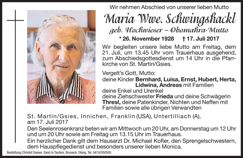  Traueranzeige für Maria Schwingshackl vom 19.07.2017 aus Dolomiten