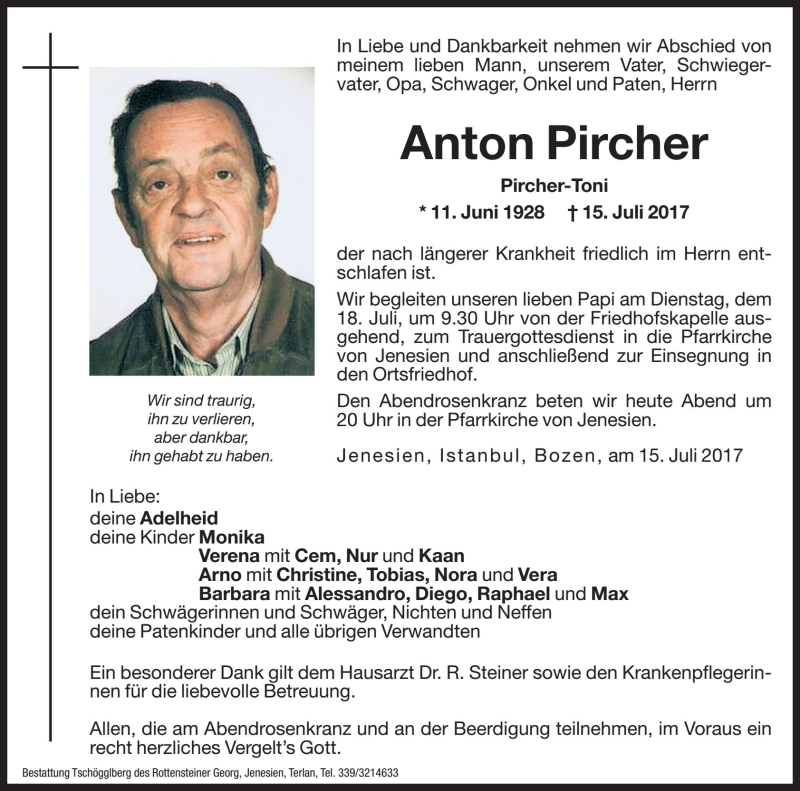  Traueranzeige für Anton Pircher vom 17.07.2017 aus Dolomiten