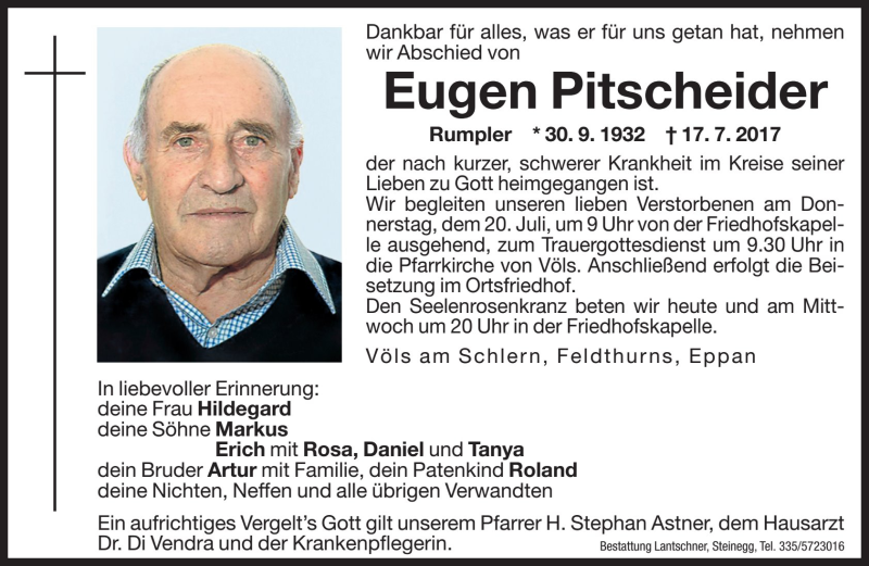  Traueranzeige für Eugen Pitscheider vom 18.07.2017 aus Dolomiten