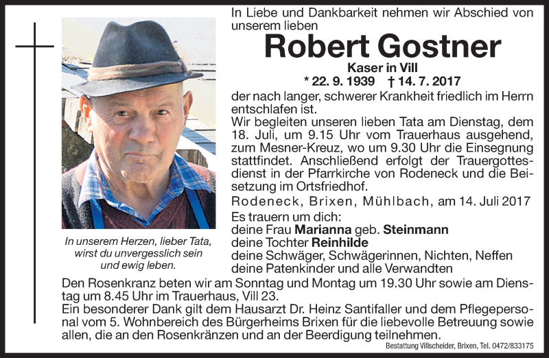  Traueranzeige für Robert Gostner vom 15.07.2017 aus Dolomiten