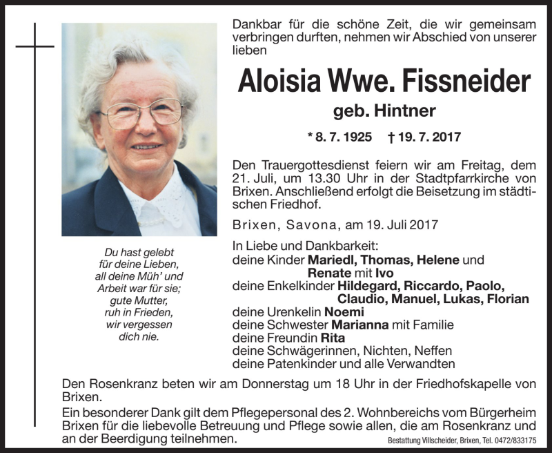  Traueranzeige für Aloisia Fissneider vom 20.07.2017 aus Dolomiten
