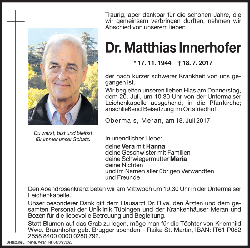  Traueranzeige für Matthias Innerhofer vom 19.07.2017 aus Dolomiten