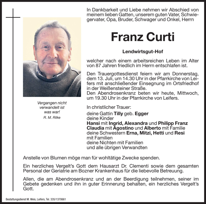  Traueranzeige für Franz Curti vom 12.07.2017 aus Dolomiten