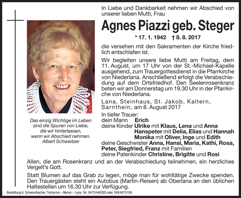  Traueranzeige für Agnes Piazzi vom 10.08.2017 aus Dolomiten