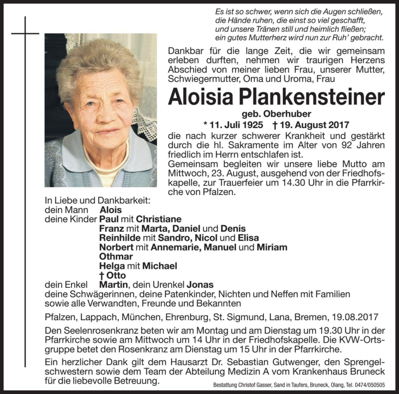  Traueranzeige für Aloisia Plankensteiner vom 21.08.2017 aus Dolomiten