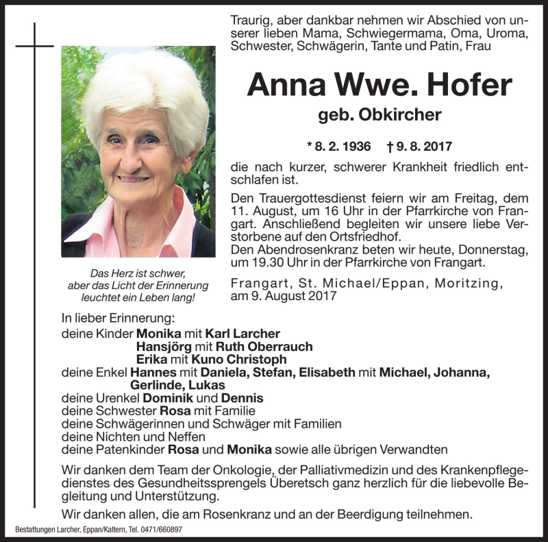  Traueranzeige für Anna Hofer vom 10.08.2017 aus Dolomiten