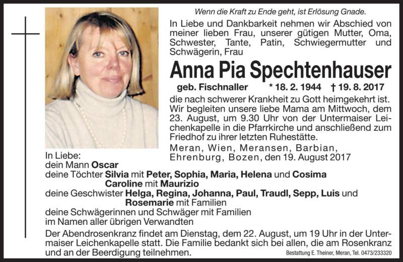  Traueranzeige für Anna Pia Spechtenhauser vom 21.08.2017 aus Dolomiten