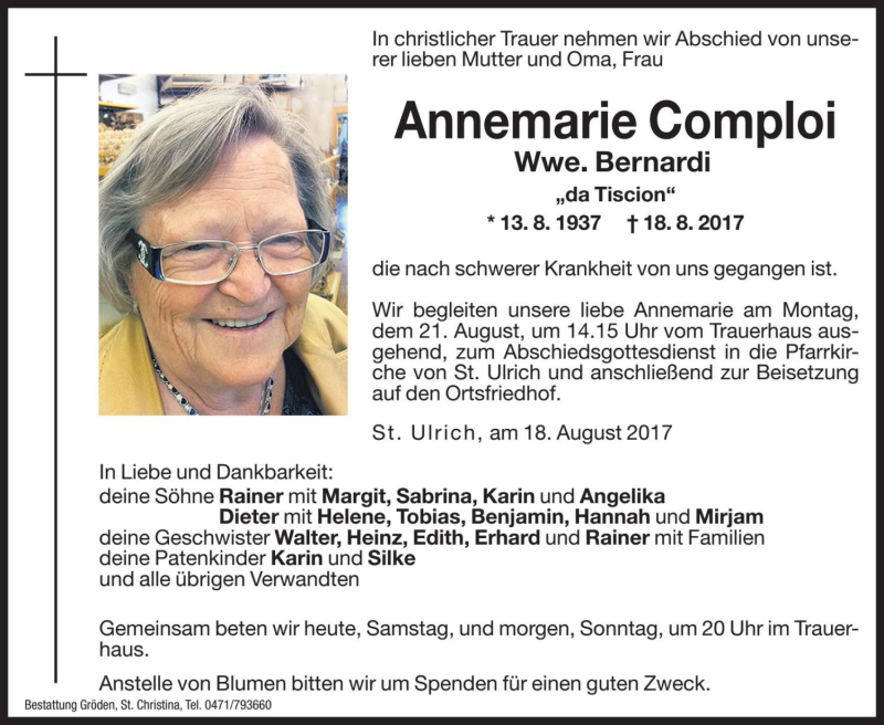  Traueranzeige für Annemarie Bernardi vom 19.08.2017 aus Dolomiten