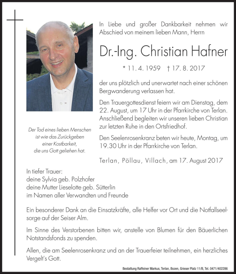  Traueranzeige für Christian Hafner vom 21.08.2017 aus Dolomiten