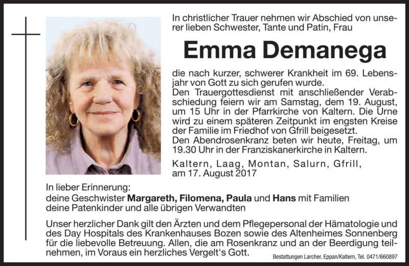  Traueranzeige für Emma Demanega vom 18.08.2017 aus Dolomiten