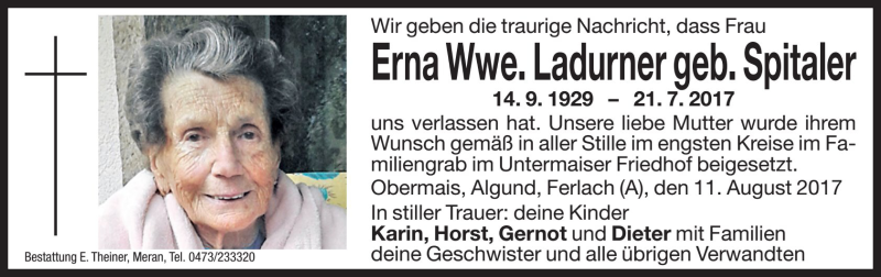  Traueranzeige für Erna Ladurner vom 11.08.2017 aus Dolomiten