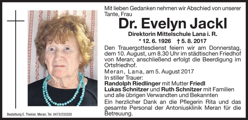  Traueranzeige für Evelyn Jackl vom 08.08.2017 aus Dolomiten