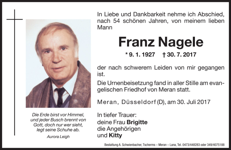  Traueranzeige für Franz Nagele vom 11.08.2017 aus Dolomiten