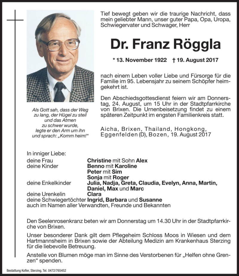  Traueranzeige für Franz Röggla vom 22.08.2017 aus Dolomiten