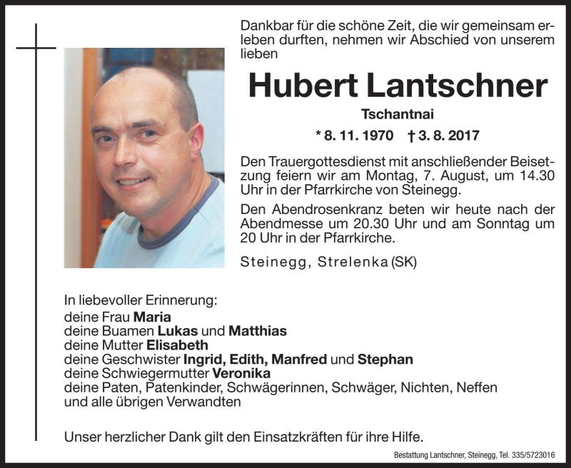  Traueranzeige für Hubert Lantschner vom 05.08.2017 aus Dolomiten