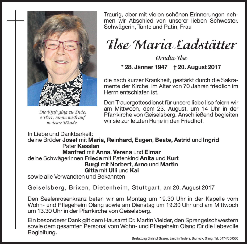  Traueranzeige für Ilse Maria Ladstätter vom 21.08.2017 aus Dolomiten
