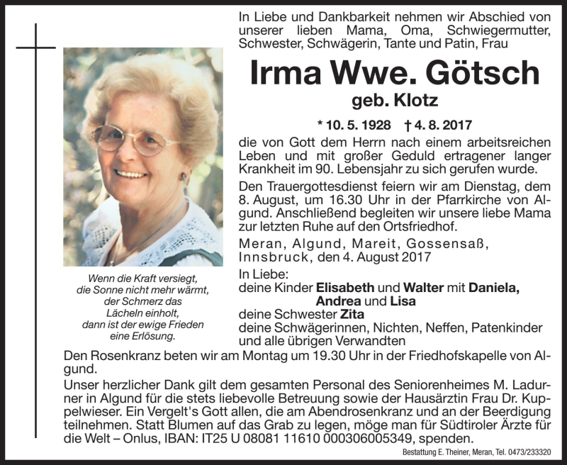  Traueranzeige für Irma Götsch vom 07.08.2017 aus Dolomiten