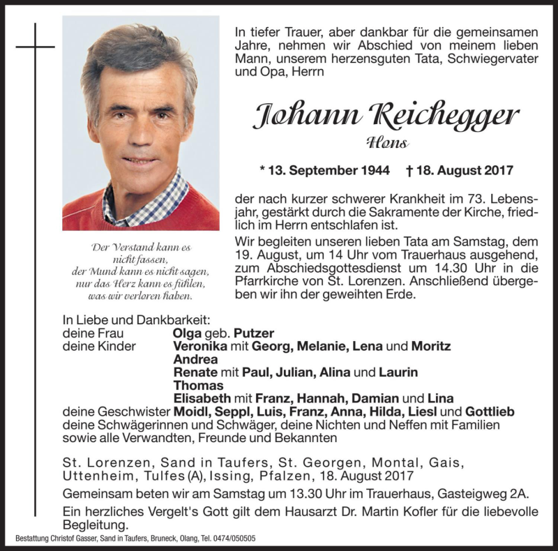  Traueranzeige für Johann Reichegger vom 19.08.2017 aus Dolomiten