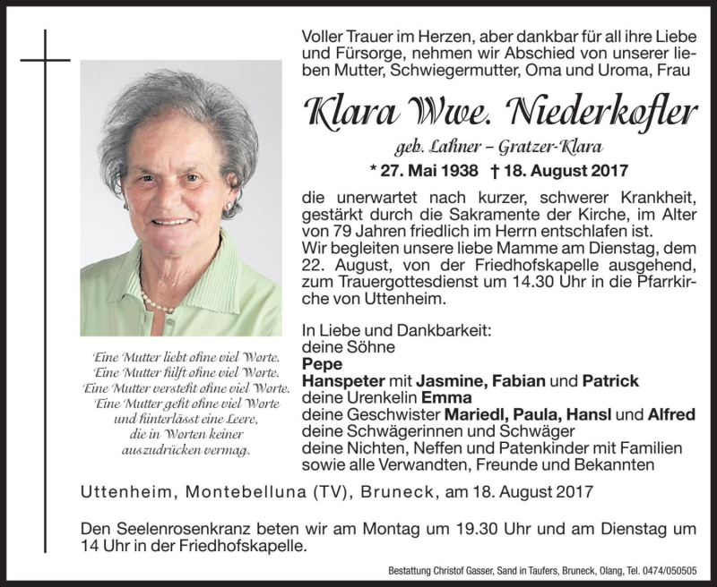  Traueranzeige für Klara Niederkofler vom 21.08.2017 aus Dolomiten