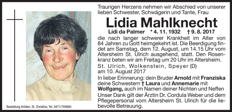  Traueranzeige für Lidia Mahlknecht vom 11.08.2017 aus Dolomiten
