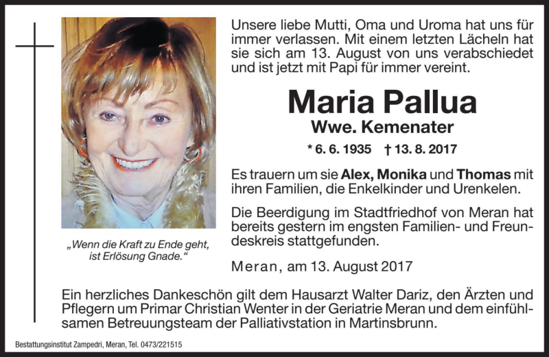  Traueranzeige für Maria Kemenater vom 18.08.2017 aus Dolomiten