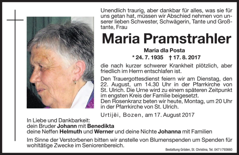  Traueranzeige für Maria Pramstrahler vom 21.08.2017 aus Dolomiten