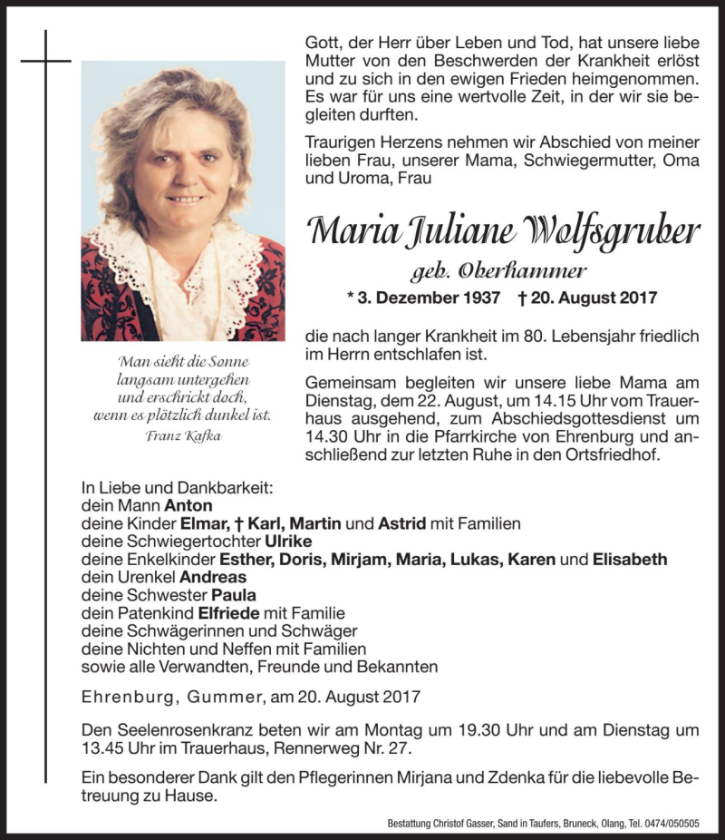  Traueranzeige für Maria Juliane Wolfsgruber vom 21.08.2017 aus Dolomiten