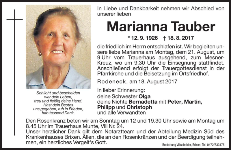  Traueranzeige für Marianna Tauber vom 19.08.2017 aus Dolomiten