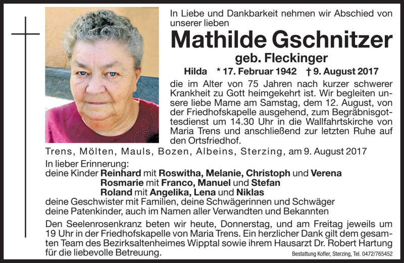  Traueranzeige für Mathilde Gschnitzer vom 10.08.2017 aus Dolomiten