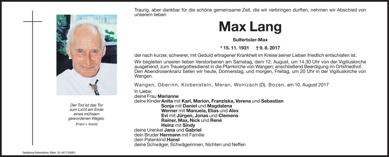  Traueranzeige für Max Lang vom 10.08.2017 aus Dolomiten