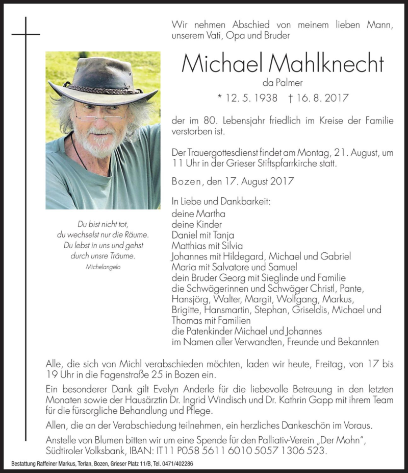  Traueranzeige für Michael Mahlknecht vom 18.08.2017 aus Dolomiten