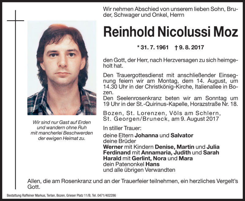  Traueranzeige für Reinhold Nicolussi Moz vom 11.08.2017 aus Dolomiten