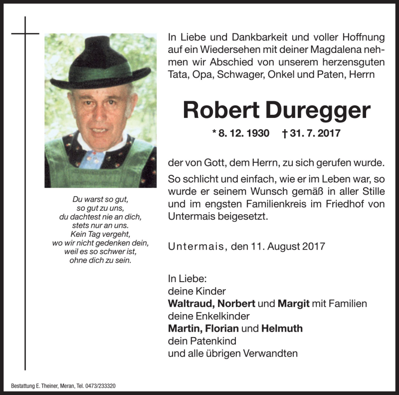  Traueranzeige für Robert Duregger vom 11.08.2017 aus Dolomiten