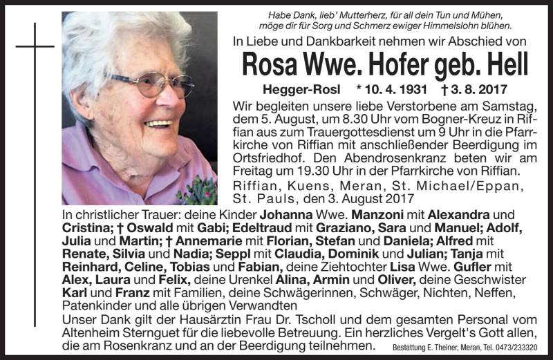  Traueranzeige für Rosa Hofer vom 04.08.2017 aus Dolomiten