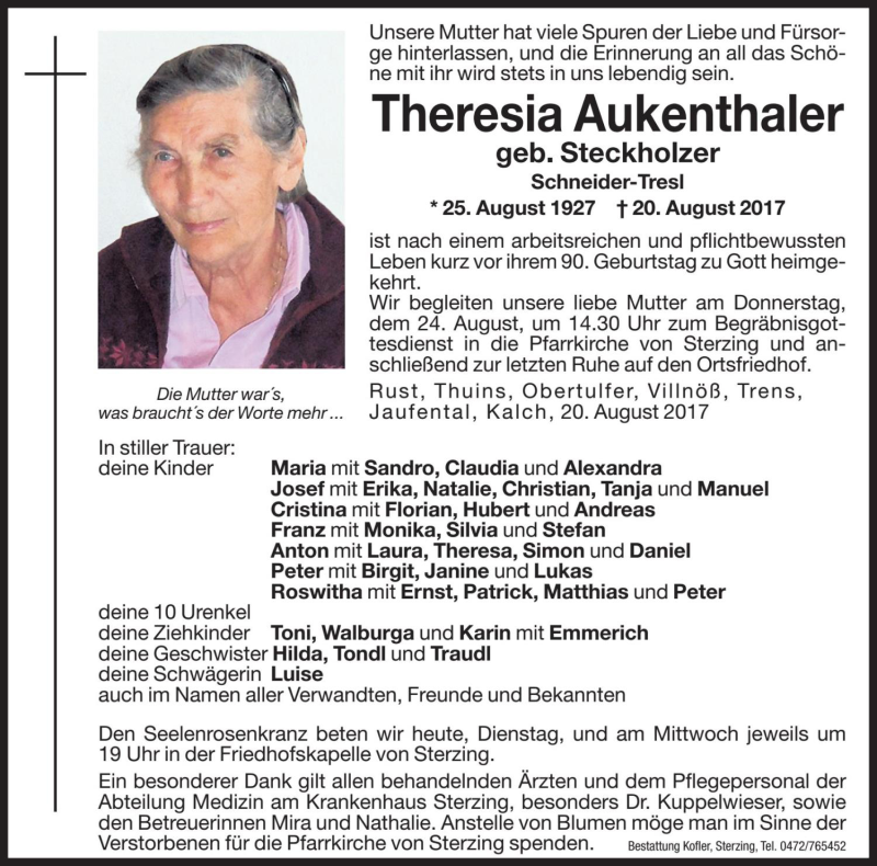  Traueranzeige für Theresia Aukenthaler vom 22.08.2017 aus Dolomiten