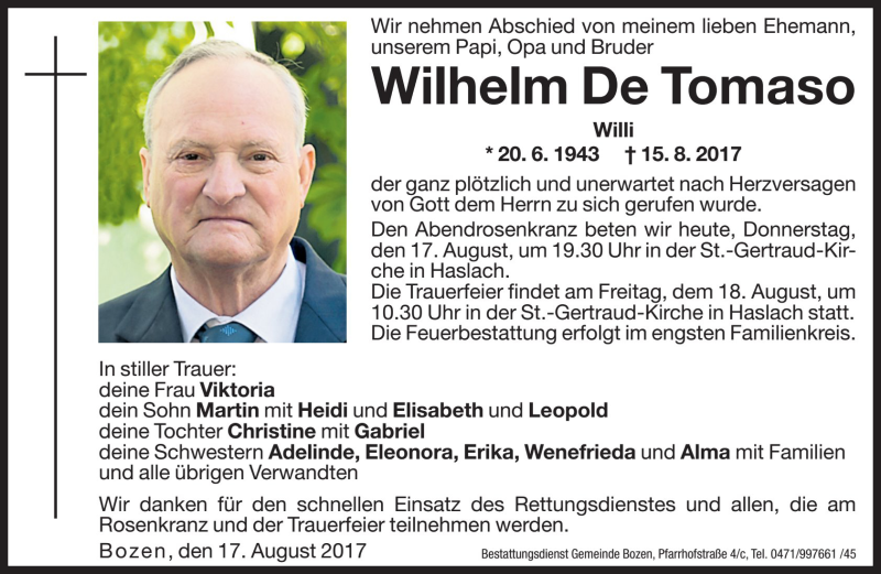  Traueranzeige für Wilhelm De Tomaso vom 17.08.2017 aus Dolomiten
