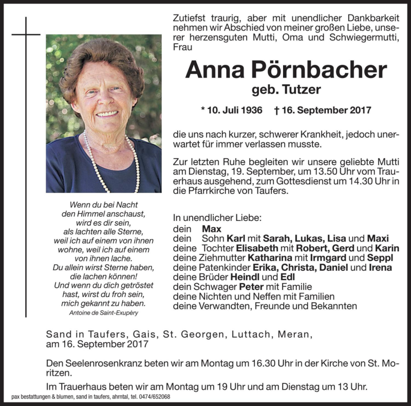  Traueranzeige für Anna Pörnbacher vom 18.09.2017 aus Dolomiten