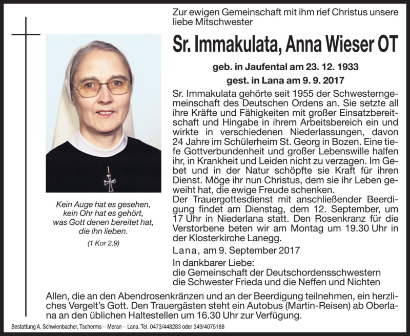  Traueranzeige für Anna Wieser  vom 11.09.2017 aus Dolomiten