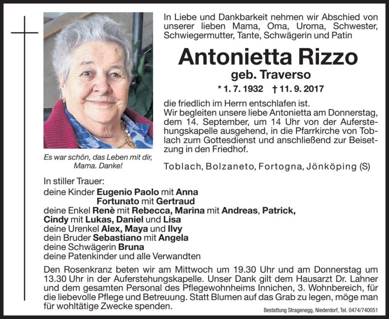  Traueranzeige für Antonietta Rizzo vom 13.09.2017 aus Dolomiten