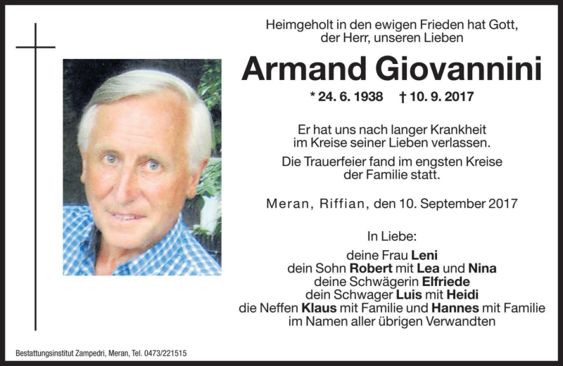  Traueranzeige für Armand Giovannini vom 13.09.2017 aus Dolomiten