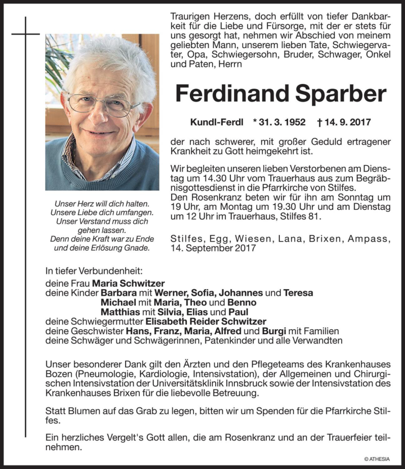  Traueranzeige für Ferdinand Sparber vom 16.09.2017 aus Dolomiten