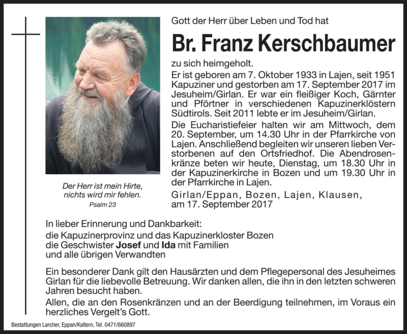  Traueranzeige für Franz Kerschbaumer vom 19.09.2017 aus Dolomiten